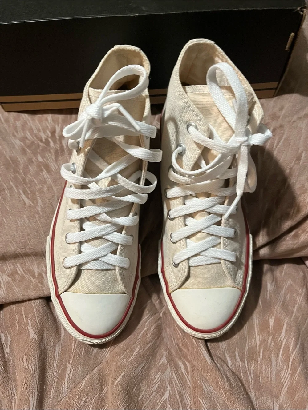 Converse Cream/Off-White High Top Kids Sneakers with Red & Navy Stripe
